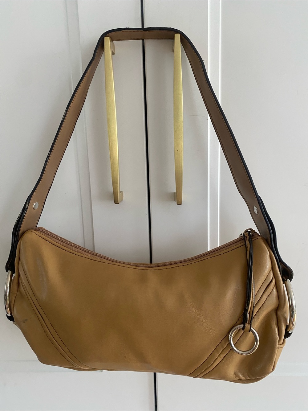 Y2K Style Small Tan Shoulder Bag with Ring Accent zip closure 11”x6”